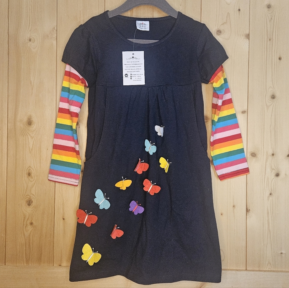Size 5/6 Long Sleeve Colorful Navy Butterfly Kids Dress